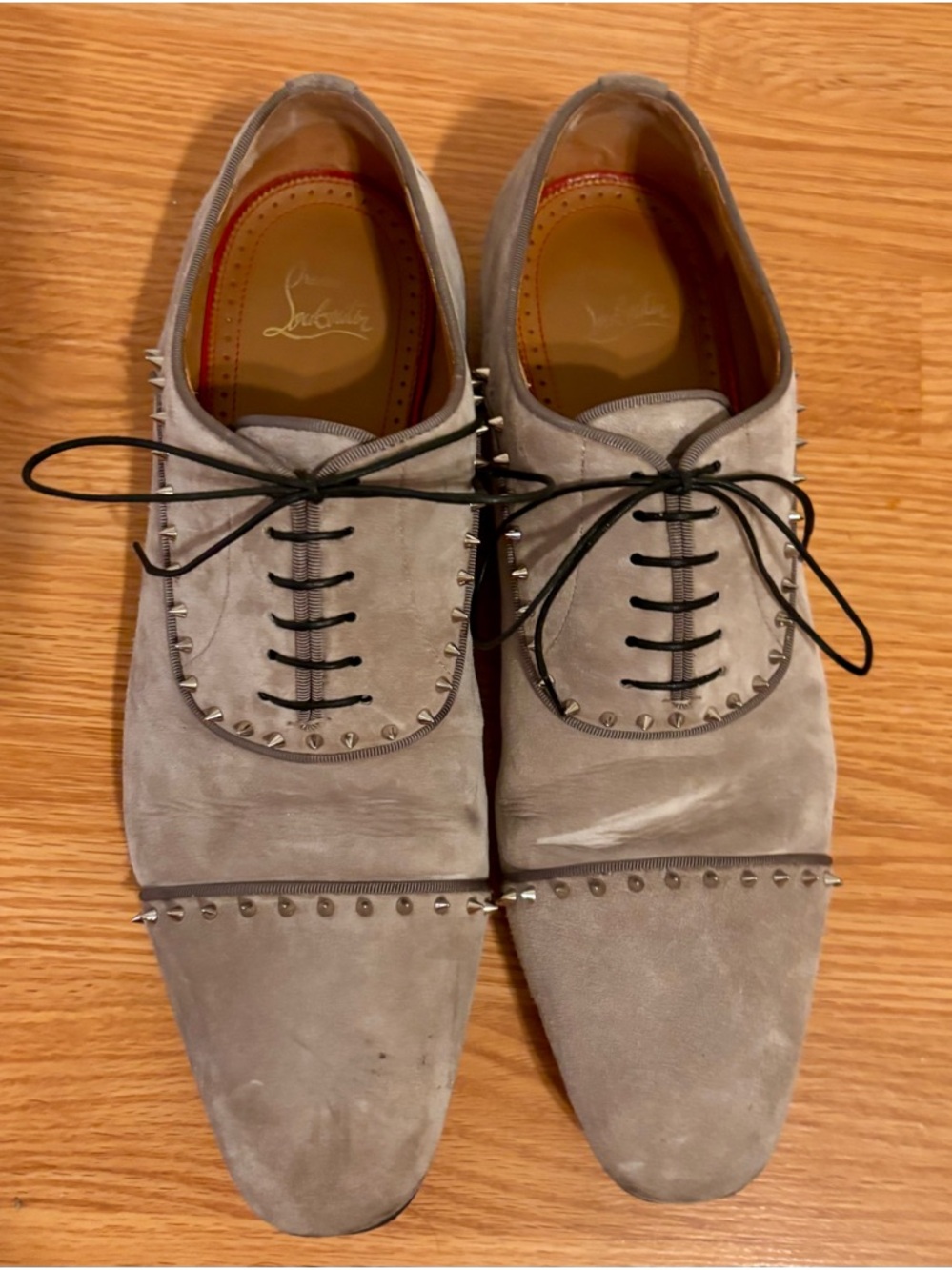 Christian Louboutin Gray Suede Studded Lace-Up Oxfords - Picture 3 of 10